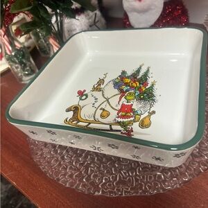 Christmas Square Ceramic Dish with Green Trim